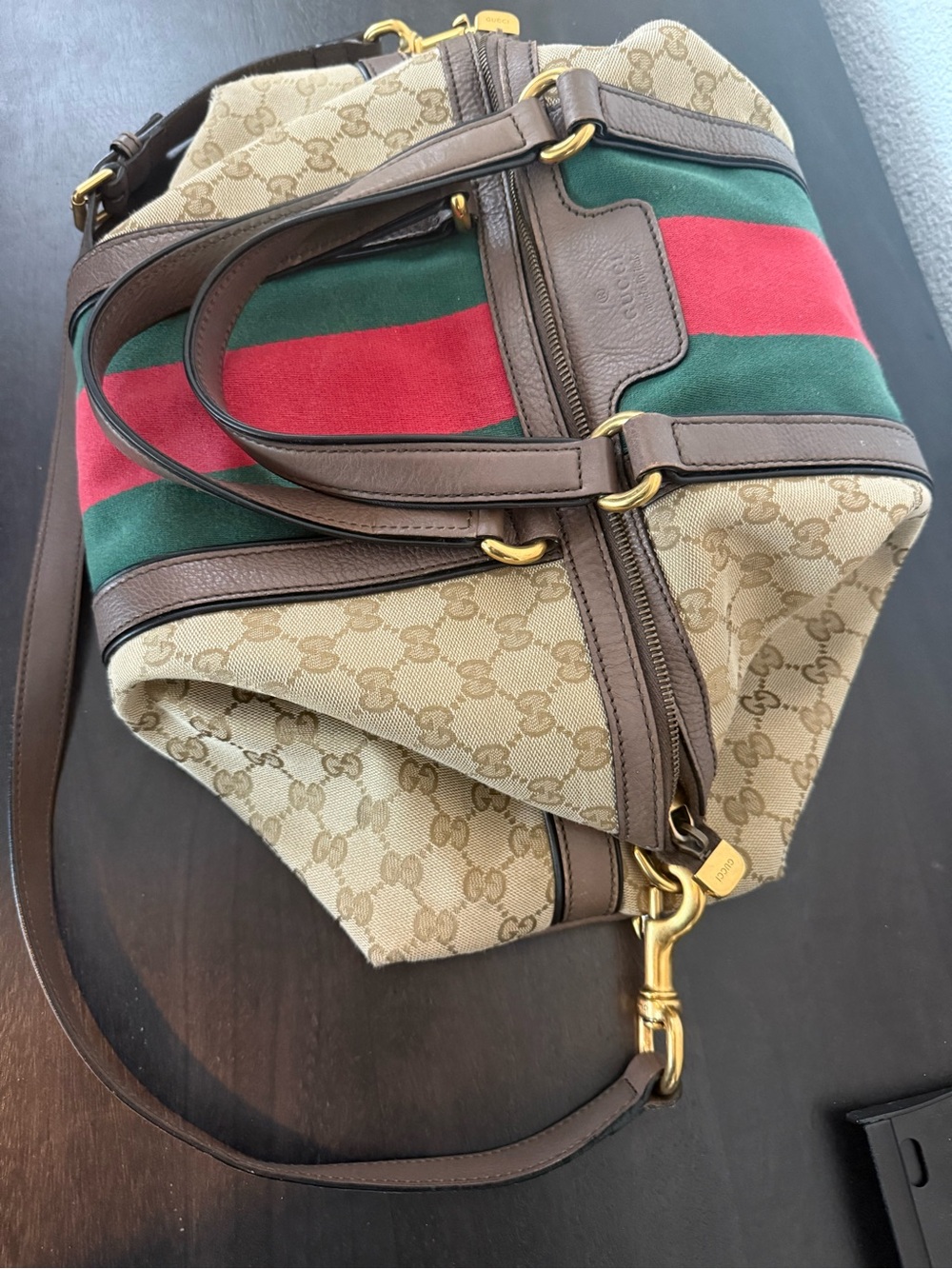 Gucci Beige GG Canvas Tote with Green and Red Center Stripe - Picture 2 of 12